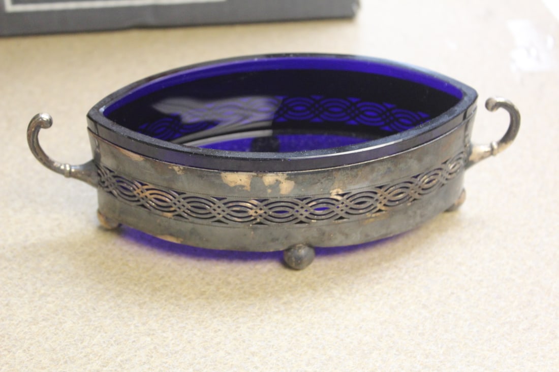 Cobalt Blue Glass and Silverplate Container?: 7 1/2" across