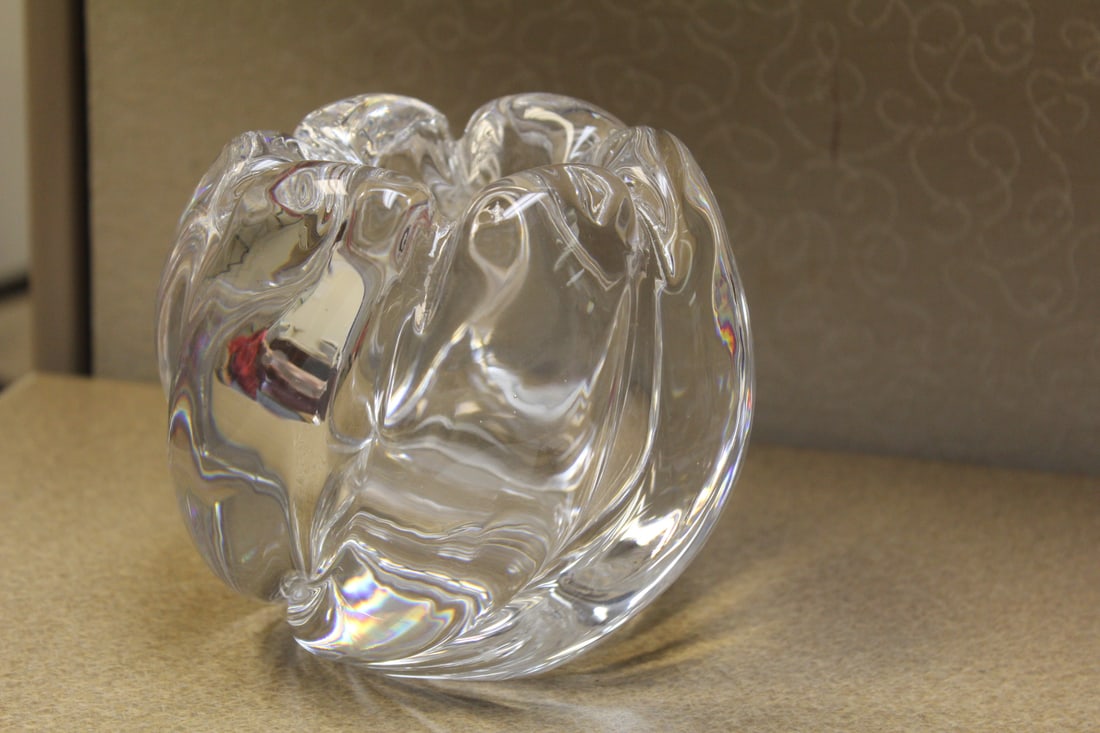 Signed Orrefors Bowl: ribbed or twisted design - 5 inches tall - heavy