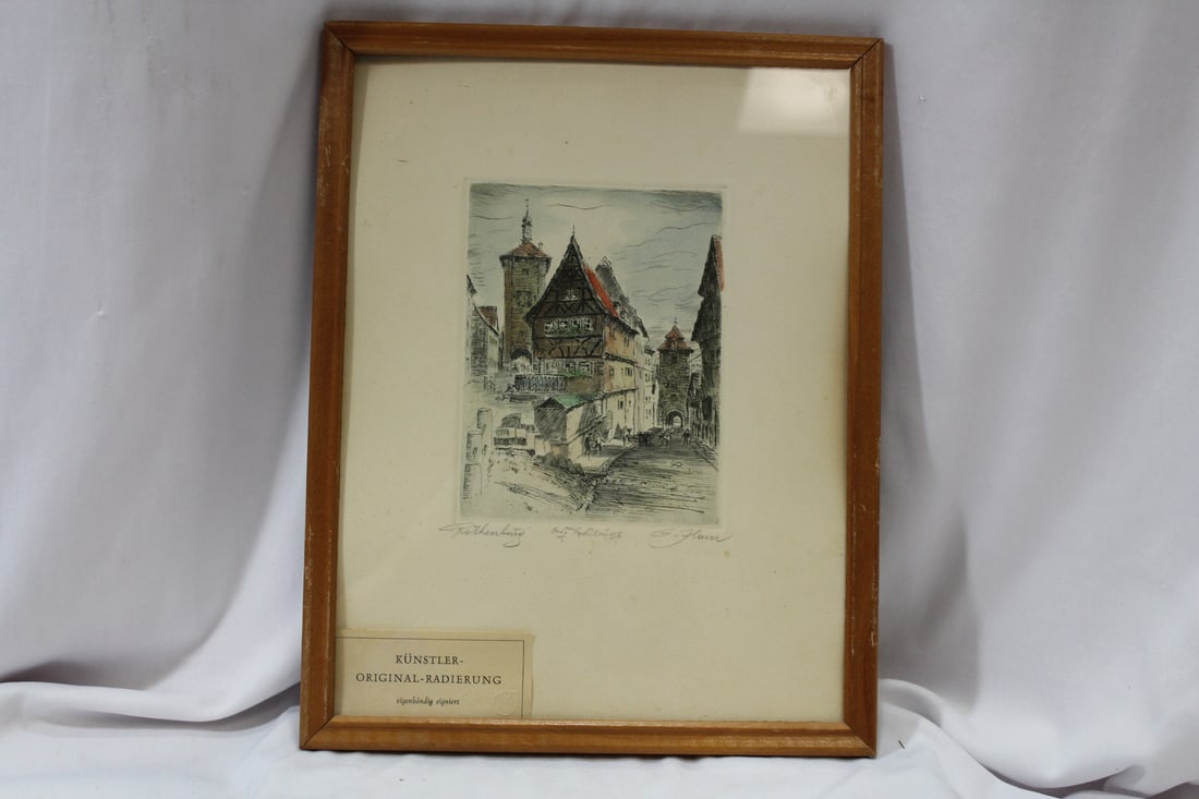 A Kunstler Original Radierung Etching: hand signed - framed - overall= 11 3/4" x 9 1/4"