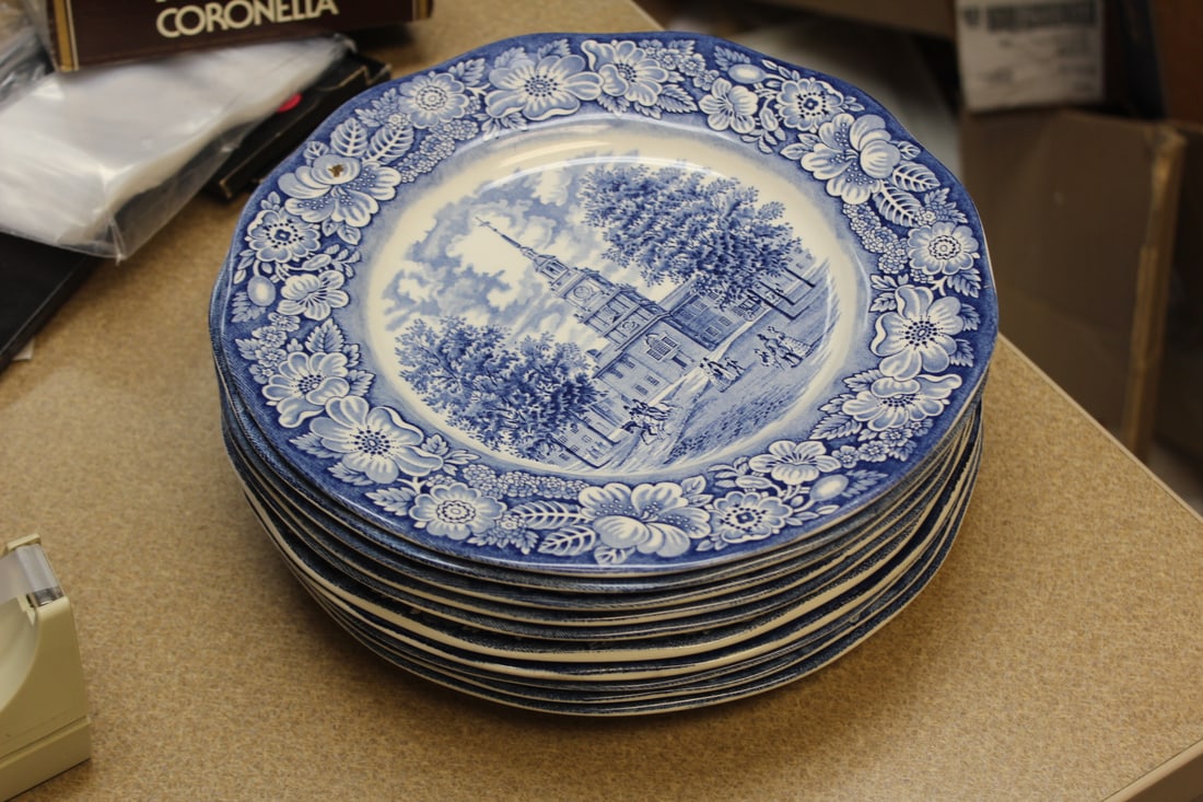 Set of 10 Liberty Blue Victorian Dinner Plates: blue and white - please note: one has an underchip, not noticeable when right side up - 9 7/8" in diameter each