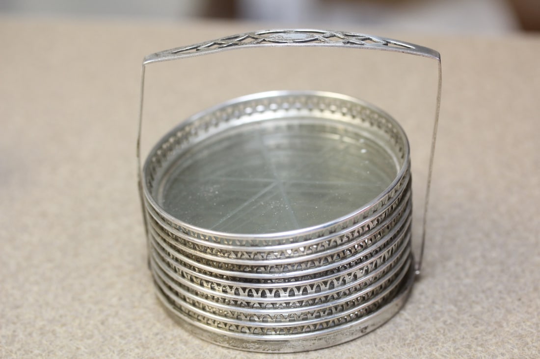 Sterling Rim Etched Glass Coasters: and carrier - 3 1/8" in diameter