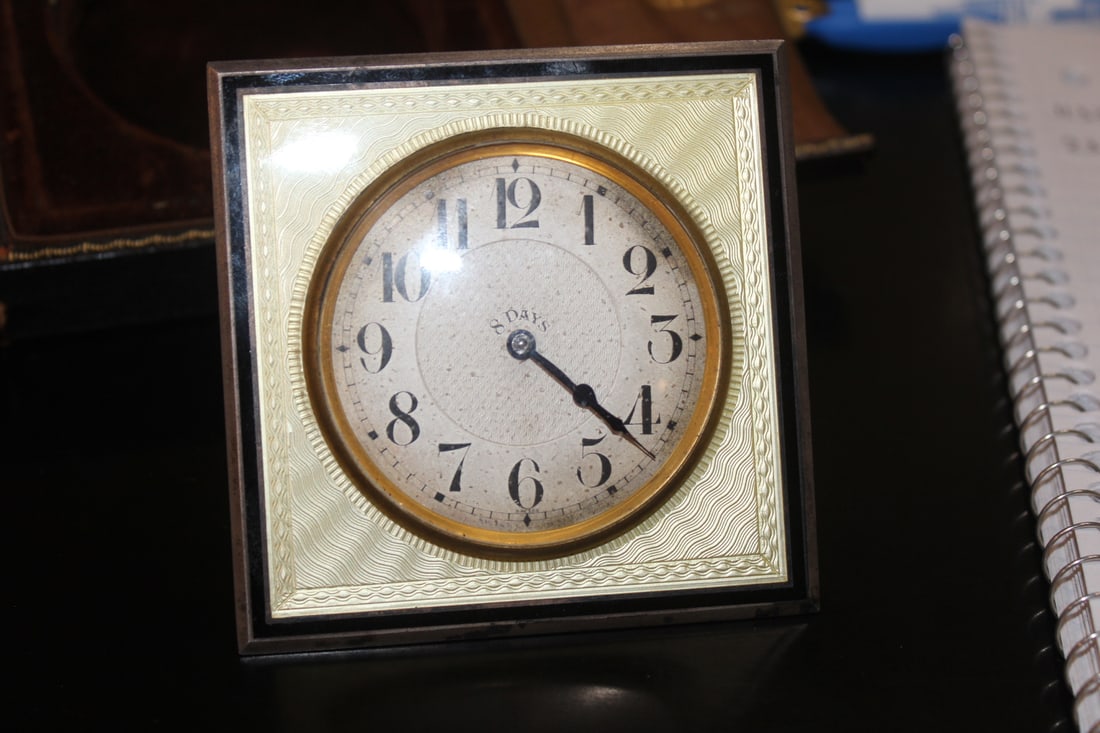Art Deco Guilloche Travel Clock: Guilloche enamel Swiss made travel clock by Goldsmiths & Silversmiths company - sterling - marked 925