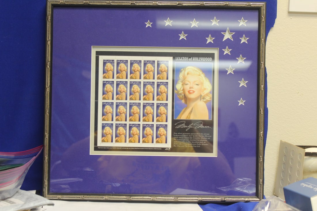 Framed Marilyn Monroe Stamp: overall= 16" x 14 5/8"
