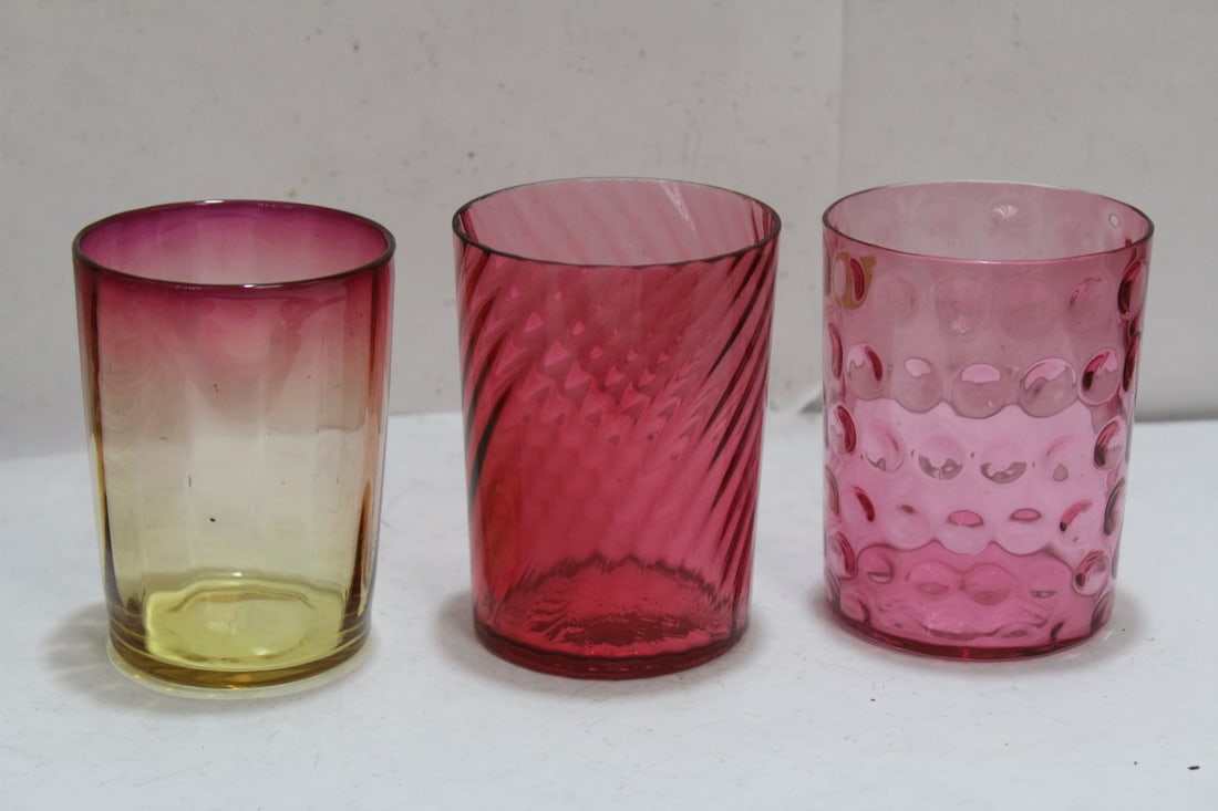 Lot of 3 Cranberry Glass Tumblers: tallest= 3 3/4"