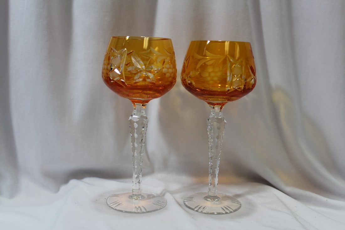 A Pair of Orange Cut Glass Goblets: 8" tall each - unusual color
