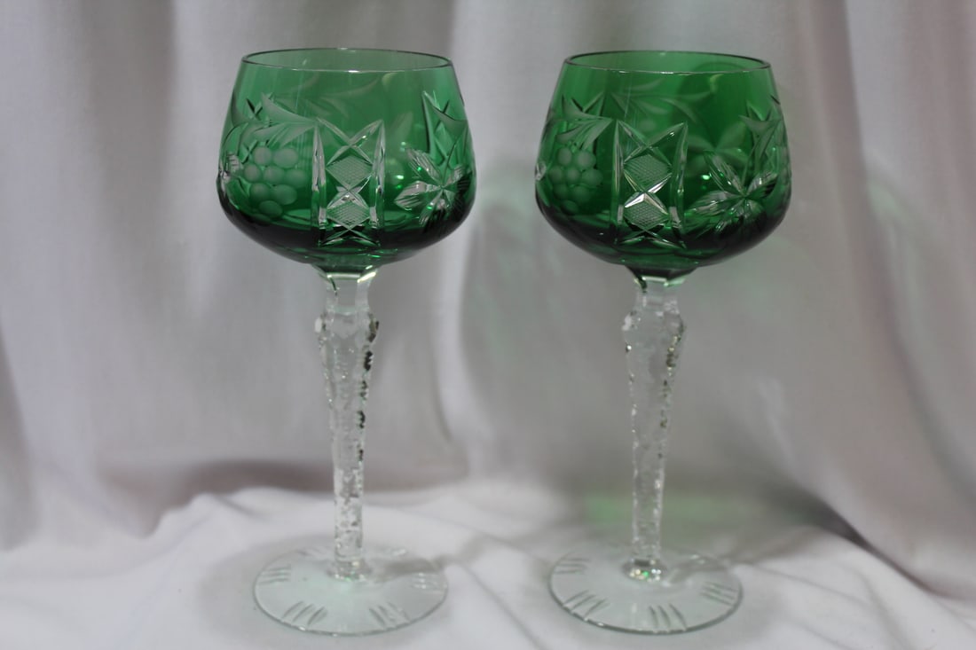 A Pair of Green Cut Glass Goblets: 8" tall