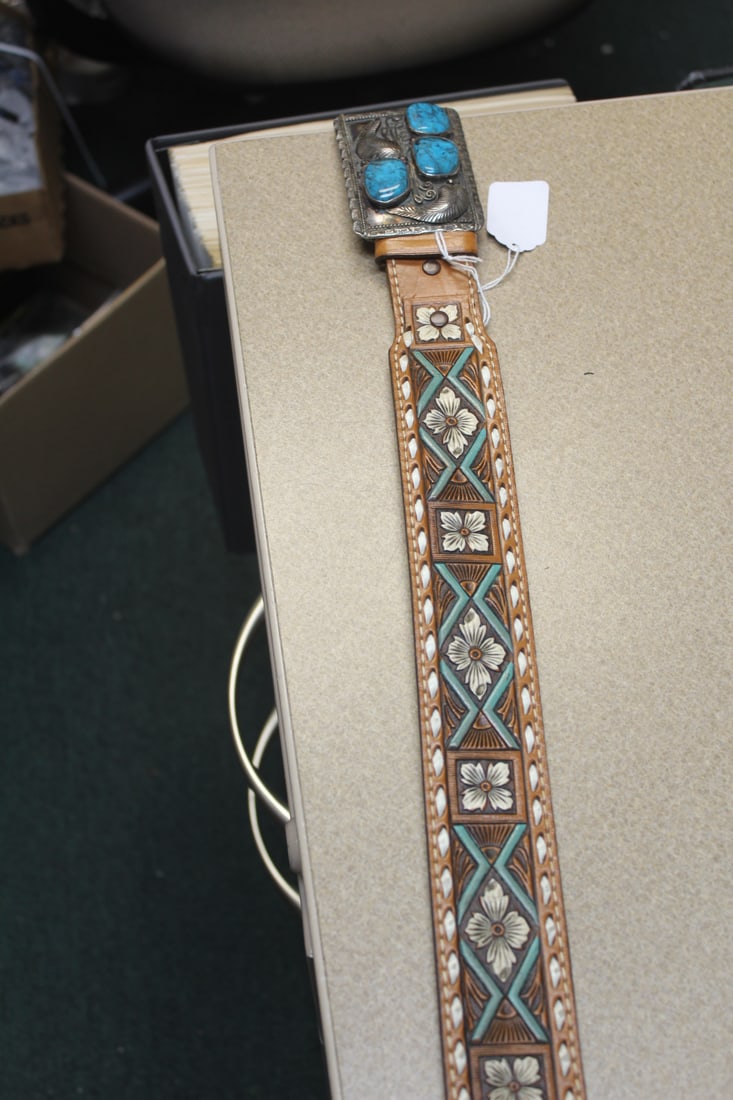 Native American Turquoise and Sterling Belt Buckle: signed J.C. with leather belt