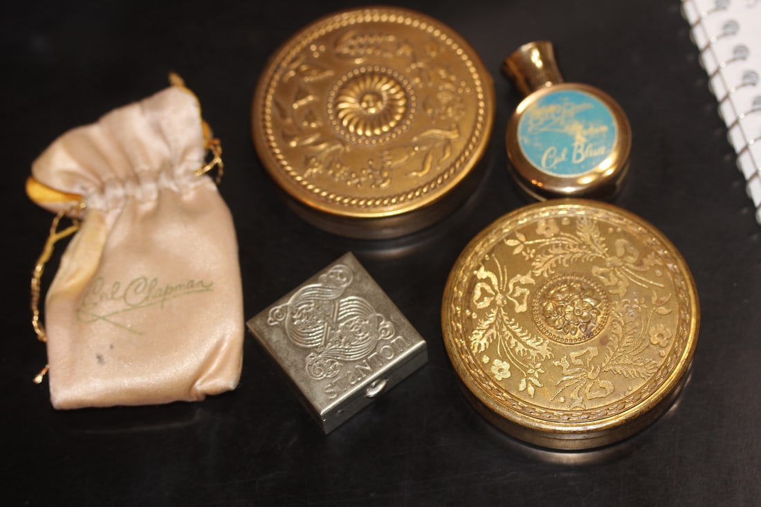 Women Hole: to include Ceil Chapman parfume - two well carved copper compact or box - and a Stanton pill box - all inside a vintage Gales Chocolate paper box