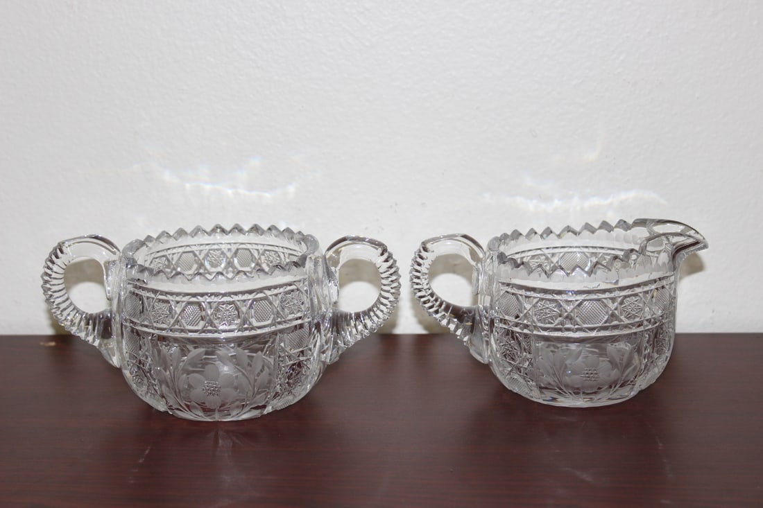 American Cut Glass Cream and Sugar Container: brilliant cut glass - sugar= 4" in diameter, not including the handles
