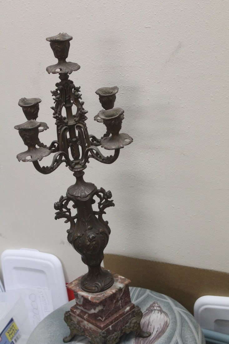 Bronze Candlelabra: antique - marble base - nice carving - 25 inches tall
