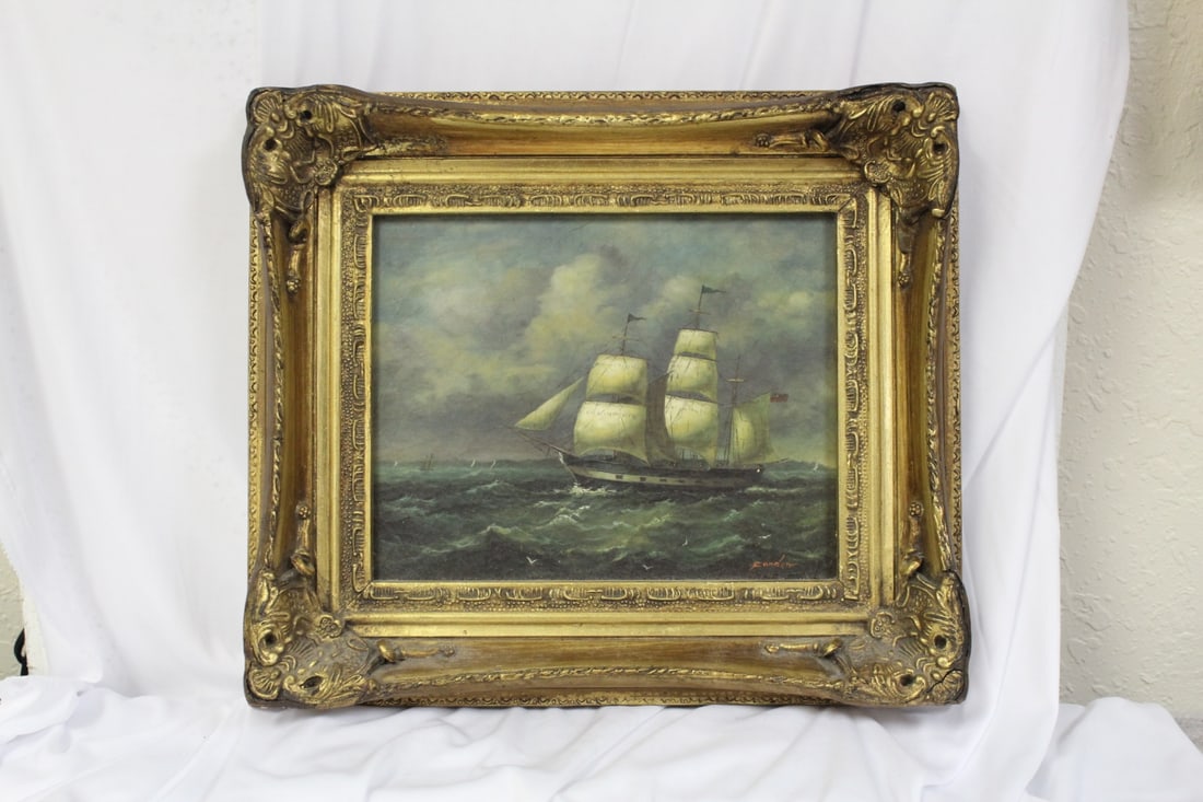 Antique Clipper Ship - Oil on Board: by Kandenr? - nicely done - overall= 14 1/2" x 12 1/2 - 19th century