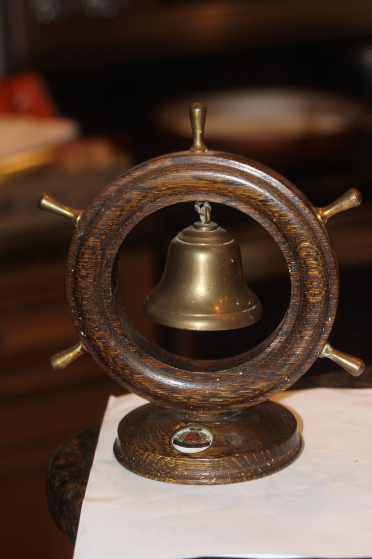 Original RMS Queen Mary Pen Holder: Original RMS Queen Mary cruise line ships wheel with bell pen holder - wood construction - please note: no clasp on the brass bell - 7 7/8" tall - rare collectible