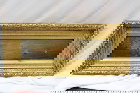 An Antique 19th Century Oil on Board: framed - overall= 17" x 7" - a beautiful sunset painting - nicely framed - appears to be unsigned