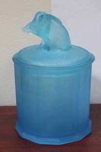 A Blue Satin Glass Pig Humidor: please note: chips - rare - overall= 9 1/2" tall