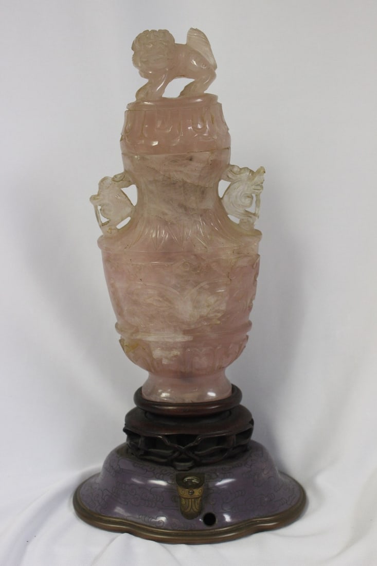 A Chinese Cloisonne Base Pink Quartz Vase: please note: losses - 12" tall in overall with beautiful wooden box