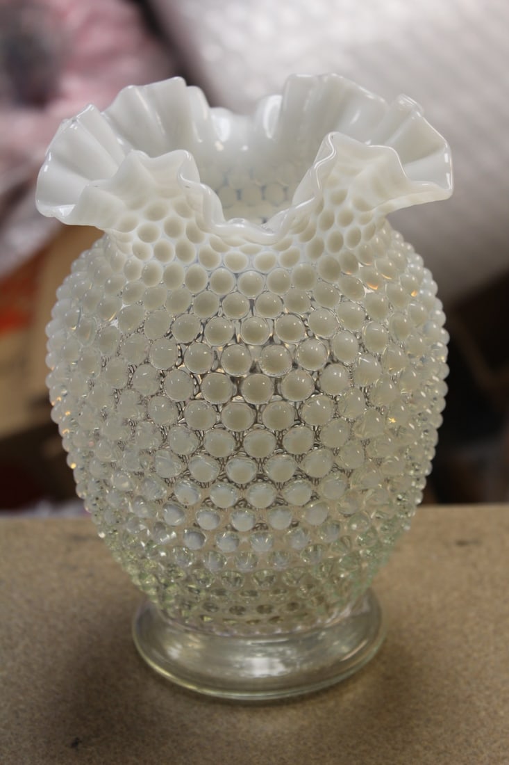 Vintage Fenton Hobnail Vase: opalescent - ruffled edge - 8" tall