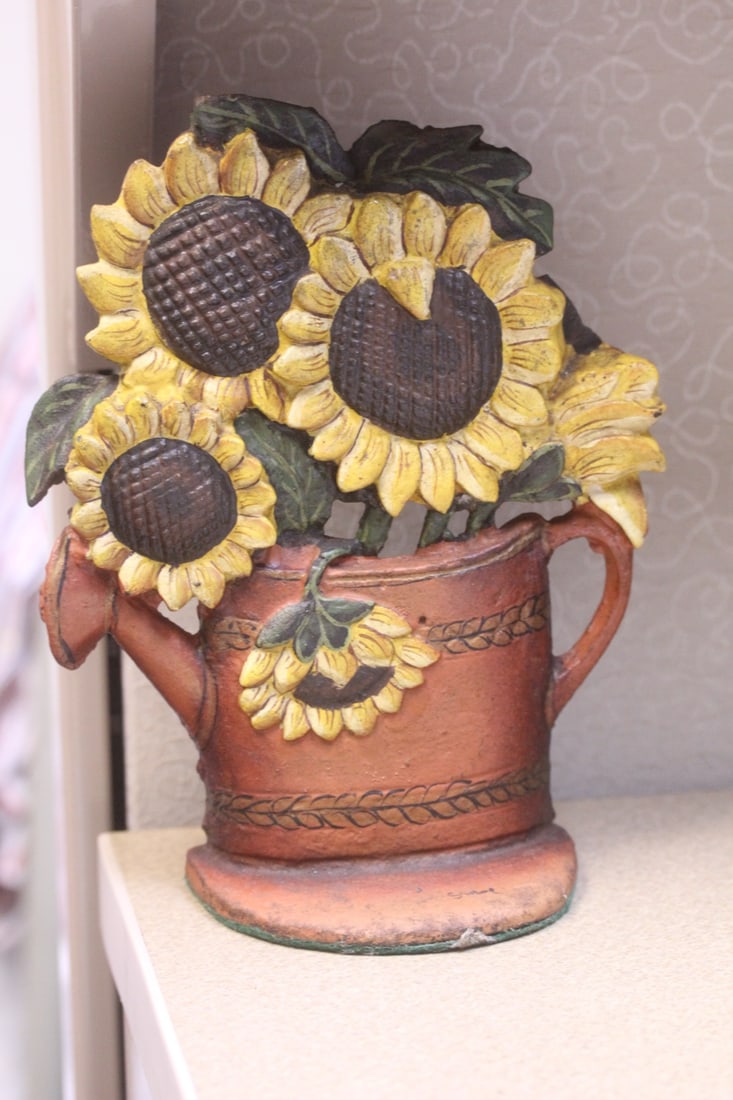 Vintage Cast Iron Sunflower Door Stopper: signed - 9 1/4" tall