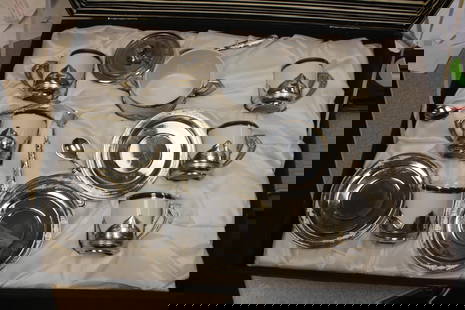 Silverplate and Porcelain Tea Set: marked 800 Italy - inside a box - box= 18 1/2" across