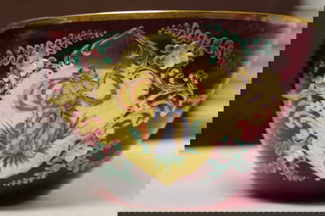 Hand Painted Cranberry Bowl - Rare Figeral Design: Vintage/Antique - 4 5/8" in diameter