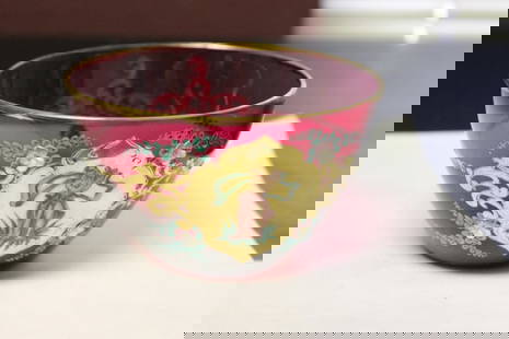 Hand Painted Cranberry Bowl - Rare Figeral Design: Vintage/Antique - 4 5/8" in diameter