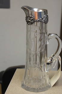 Mauser Silver Company Ewer/Pitcher: highly desired Mauser silver company ornated sterling top and glass etching ewer/pitcher - 11 3/4" tall