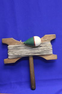 A Vintage Wooden Rope Fishing Reel: with lure? - 9 3/4" across