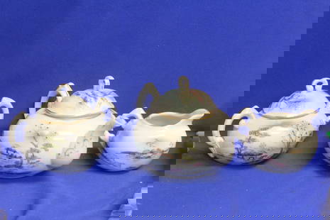 Set of 3 Nippon Japan Partial Teaset: to include sugar, teapot and creamer - please note= teapot underneath lid restored, not noticeable when lid is on - teapot= 8 3/8 across