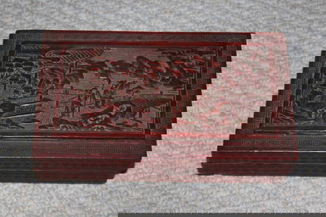 Antique Chinese Large Cinnabar Box: Circa 19th century. 10" x 5 3/4" x 2 1/2". Nicely carved and detailed.