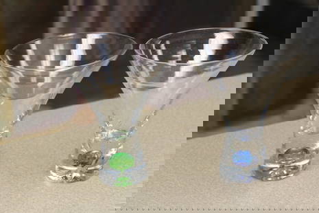 Lot of 2 Art Glass Cups: please note: both have issues: one has an internal crack and the other one has a rim fleabite - both as shown - 5 1/4" tall