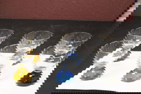 Three Sets of 2 Colour Base Glasses: Solid glass bottom - each measures 3 1/8" tall