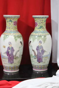 A Pair of Chinese Vases: Republic period - signed - hand painted - 10" tall