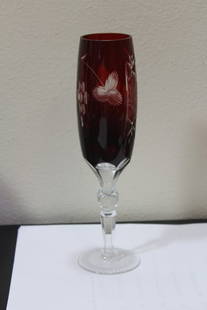 An Etched Ruby Red Cut Glass Goblet: 9" tall