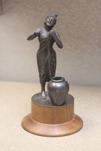Indonesia? Bronze Lady on Wooden Stand: 7 3/4" tall - vintage