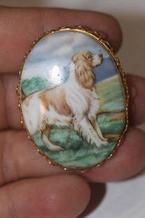 Painted Dog on Porcelain Brooch: possibly hand painted