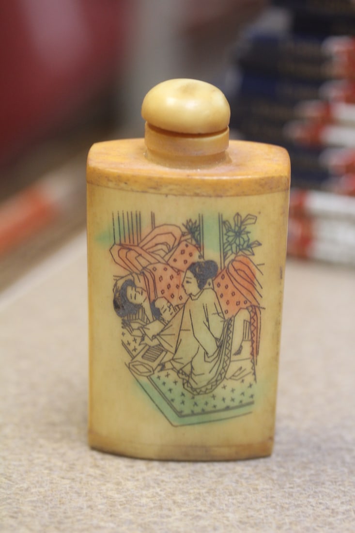 Polychrome Bone Erotica Chinese Snuff Bottle: approcimately 3 1/2" tall