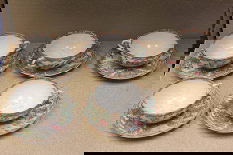 Lot of 5 Antique Chinese Rose Medallion Articles: cups and saucers - saucer= 5 5/8" in diameter - needs cleaning