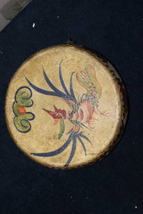 An Antique Chinese Leather Drum - Wood and Leather: 10 inches in diameter - marked: made in china