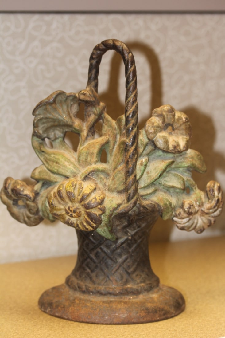 Antique Cast Iron Floral Basket Door Stopper: 10" tall