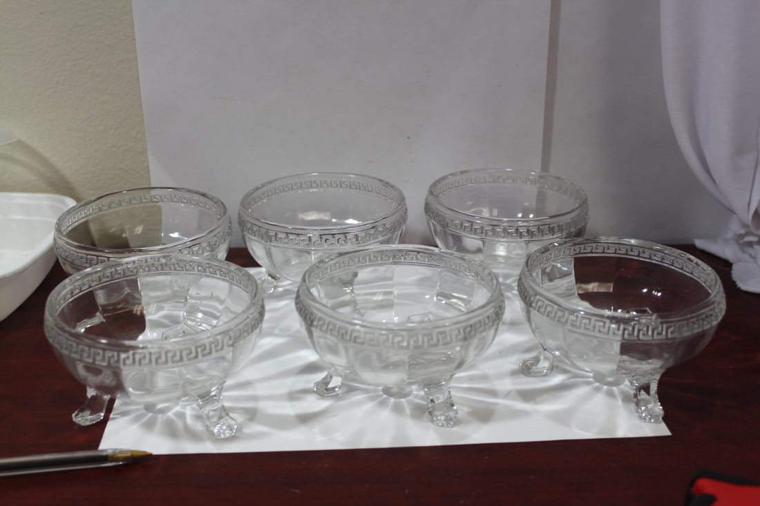 Set of 6 Glass Cups: marked on the bottom - footed - 4" in diameter