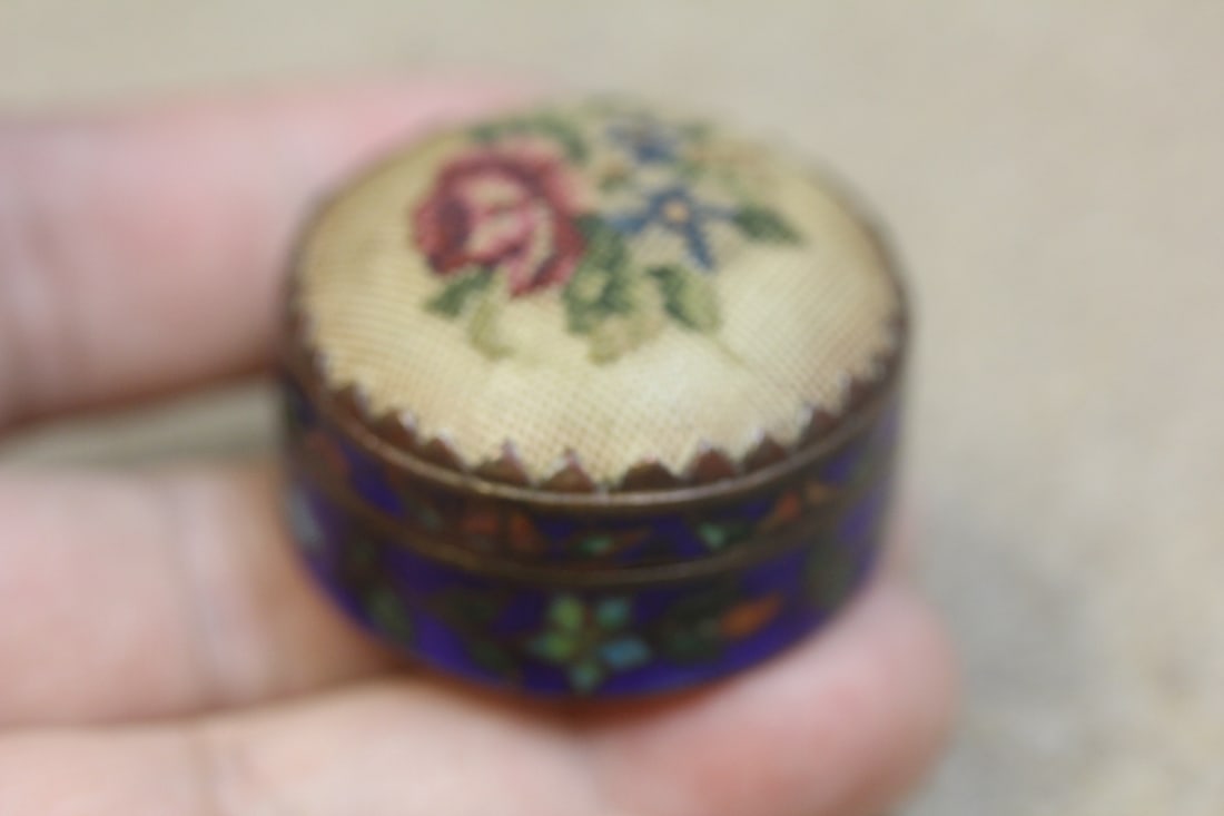 Antique Chinese Pill Box: Enamel and cloth - 1 3/8" in diameter