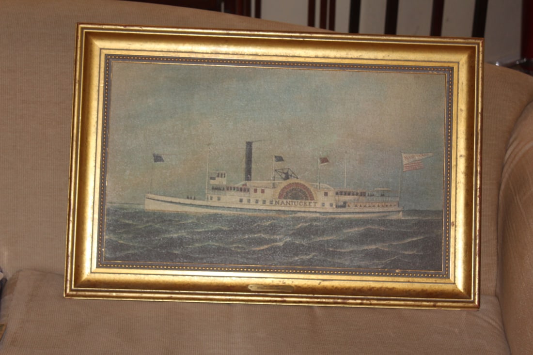After Antonio Jacobsen Framed Print on Canvas: Nantucket sidewheeler steam ship - nicely framed - overall= 27" x 18 1/8"