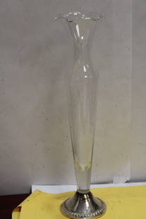 A Sterling Base Etched Glass Vase: base is weighted - 10 1/4" tall