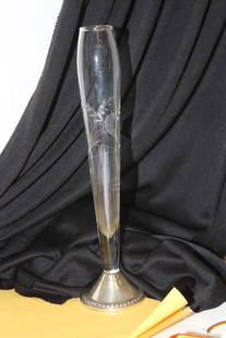 A Sterling Base Etched Glass Vase: base is weighted - 10 1/4" tall