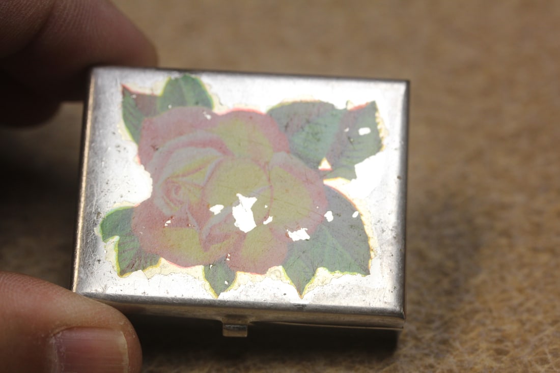 Vintage Floral and Metal Pill Box: please note: worn