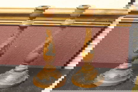 Lot of Two Oriental Wooden Candle Sticks: 9 1/2" tall each