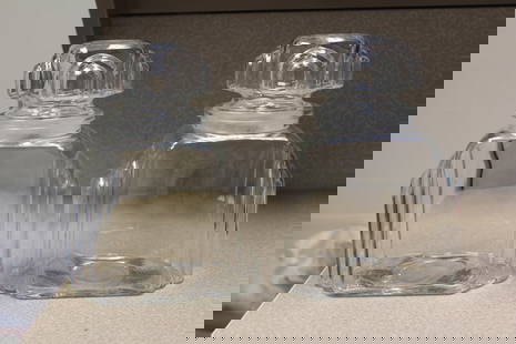Deco or Deco Style Glass Jars: 9 5/8" tall by 6 3/4" wide - nice looking jars - please note: one stopper has minor underchips, not noticeable when lidded