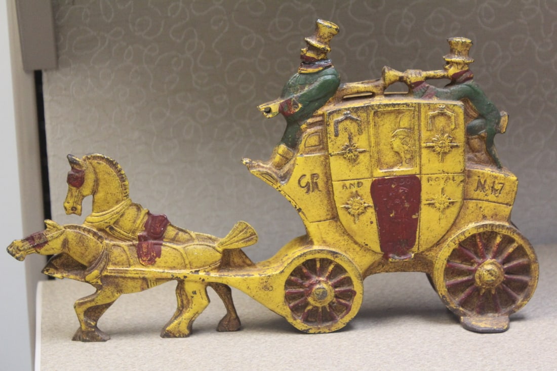 Antique Cast Iron Door Stopper: 1930's - London Royal Mail Carriage Stage coach N17 door stopper - 12 inches long