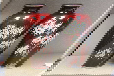 Pair of Signed Japanese Yamamoto Cloisonne Vases: 7 1/2" tall each - pigeon blood background