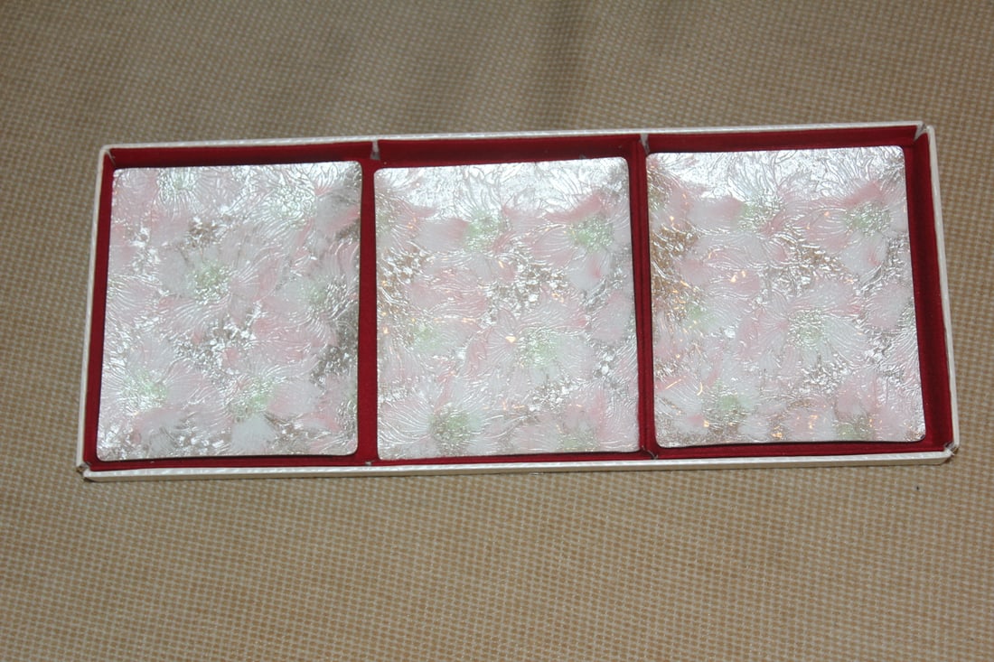 Set of 3 Japanese Cloisonne Trays: cloisonne or enamel - boxed - 4" x 4 3/4" each