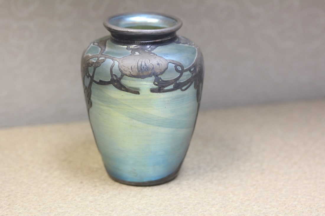 Silver Overlay Iridescent Art Glass Vase: Loetz (unsigned) - please note: loss on the overlay and monogrammed both as shown - 4" tall
